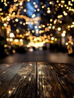 Rustic wooden table surface with magical bokeh lights background creates festive atmosphere. Blurred golden Christmas lights create dreamy holiday mood.