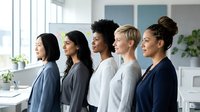 Diverse group of five women standing in profile in modern office environment with large windows and plants, representing teamwork, leadership, and professional collaboration in contemporary workplace setting.