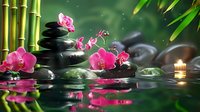 Tranquil spa composition with pink orchids, bamboo stalks and black stones reflected in water, glowing candle creates peaceful atmosphere for wellness center.