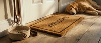 Cozy home entryway with a welcome doormat, pet bowl, and a golden retriever resting by the door on warm wooden floors.