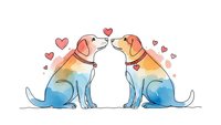 Two adorable dogs with rainbow gradient fur sitting face to face surrounded by floating hearts on white background for romantic pet designs.