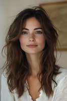 Young woman with natural makeup and wavy brown hair wearing white knit cardigan, looking at camera with gentle smile. Soft daylight portrait with neutral background.