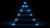 Glowing blue neon pyramid shape with horizontal lines and light effects on dark background, futuristic geometric design for technology concepts and presentations.