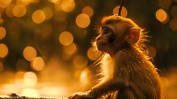 Young macaque monkey in golden sunset light with bokeh background, side profile showing facial features and fur backlit creating ethereal rim lighting effect.