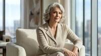Confident senior businesswoman with gray hair sitting in modern office chair wearing beige suit jacket, professional corporate executive portrait.
