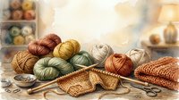 Assorted yarn balls in earthy tones with knitting needles, scissors, and partially completed knitted fabric arranged on neutral surface for crafting projects.