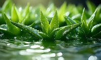 Fresh green aloe vera leaves with water drops in soft focus, natural healing plant close-up on reflective surface with bokeh effect background.