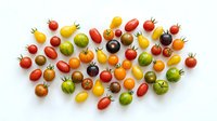 Assorted heirloom tomatoes in various colors and sizes arranged on white background, ready for culinary, agricultural, and food styling projects.
