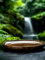 Empty wooden plate against blurred waterfall and lush green ferns background, creating zen-like atmosphere for spa and wellness product display.