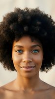 Young African American woman with natural curly afro hair and striking blue eyes smiling warmly at camera against neutral background for beauty and diversity concepts.