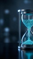 Digital hourglass with glowing binary code sand flowing through glass chambers on dark blue background with bokeh lights for technology concepts.