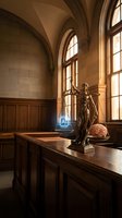 Lady Justice statue with scales and brain on wooden desk in gothic courtroom with arched windows and warm lighting for legal concepts.