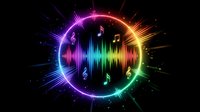 Vibrant neon music equalizer with rainbow spectrum colors and musical notes on black background for audio technology and entertainment design.