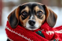 Adorable dachshund mix dog wearing red knitted winter scarf with festive pattern, close up portrait showing expressive brown eyes and sweet facial expression.