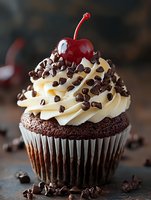 Chocolate cupcake with vanilla buttercream frosting topped with chocolate chips and maraschino cherry for bakery menu dessert advertising.