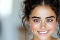 Young woman with natural freckles, bright blue eyes and dark curly hair smiling warmly at camera. Close-up portrait showing genuine happiness and healthy glowing skin.