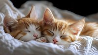 Two adorable orange tabby kittens sleeping peacefully together on soft white bedding in warm natural light creating cozy domestic pet scene.
