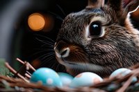 Curious brown bunny rabbit investigating colorful Easter eggs in woven basket nest with soft bokeh lights in background, close-up macro photography.
