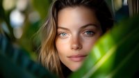 Young Caucasian woman with blue eyes and blonde hair looking through tropical green leaves in soft natural lighting, expressing serenity and confidence. Beauty portrait.