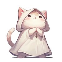 Cute white kitten wearing religious robe and cross necklace in anime style, standing upright with paws clasped. Kawaii character design on isolated background.