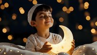 Middle Eastern boy in white pajamas holding glowing crescent moon lamp against dark background with bokeh lights, expressing joy and wonder during bedtime.
