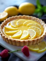 Fresh lemon tart with golden citrus curd filling topped with thin lemon slices in shortcrust pastry shell, garnished with raspberries and mint leaves.