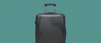 Dark hardshell carry-on suitcase with telescoping handle on teal background, front view, travel luggage for trips and vacations.