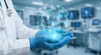 Doctor in blue gloves holding digital healthcare network with medical icons in modern hospital operating room for telemedicine and smart medicine.