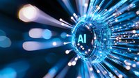 Futuristic artificial intelligence concept with glowing blue light rays and AI text in digital circle, technology background with bokeh effect.