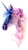 Magical unicorn head with flowing blue mane and pink floral elements on white background, fantasy art style for decorative prints and designs.