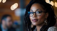 Young African American woman with dreadlocks and glasses looking thoughtfully at camera against blurred bokeh background, wearing elegant earrings and stylish attire.