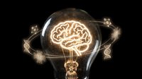 Glowing brain filament inside light bulb with orbiting innovation symbols representing creative thinking, intelligence, and breakthrough ideas on dark background.