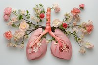 Human lungs decorated with blooming pink and white flowers on white background, symbolizing respiratory health, clean air, and wellness.