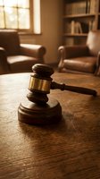 Wooden gavel on desk in warm law office with leather chairs and bookshelves creating professional legal atmosphere for justice and court proceedings.