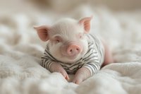 Adorable pink piglet wearing striped shirt lying on soft white blanket, looking at camera with sweet expression. Perfect for animal care, veterinary or farming concepts.