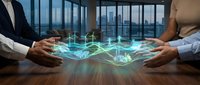 Business professionals examining holographic renewable energy data visualization on wooden table with city skyline background, representing sustainable technology and corporate innovation.