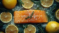 Fresh raw salmon fillet with rosemary sprigs and sliced lemons on dark stone background, seasoned with salt and herbs for cooking healthy dinner.