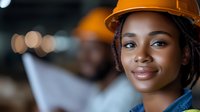 Young African American female construction worker wearing orange hard hat smiling confidently at industrial worksite with blurred background lights.