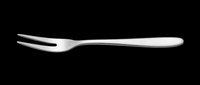 Shiny stainless steel cocktail fork with two tines, isolated on transparent background, ready for menu design, clipart, stickers, print on demand, and T-shirt use.