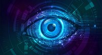 Digital cyber eye with glowing blue iris surrounded by futuristic HUD interface elements and circuit patterns on dark background for tech projects.
