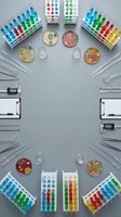 Laboratory equipment arranged in circular pattern with colorful test tubes, petri dishes and scientific instruments for research and education.