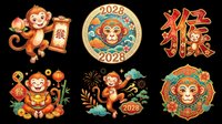 Monkey zodiac character holding 2028 calendar sign, cute smiling primate with lantern and fireworks, isolated on transparent background. Ready for t-shirt design, stickers, clipart, print-on-demand products, and sublimation projects.