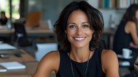 Confident Hispanic businesswoman with bright smile wearing black sleeveless top in modern office setting, radiating professional success and leadership qualities.