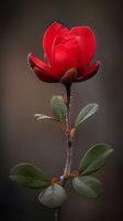 Vibrant red magnolia flower in full bloom against dark background, with green leaves and delicate stem details creating dramatic natural contrast.