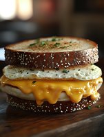 Grilled cheese sandwich with melted cheddar and fried egg on sesame seeded bread, garnished with herbs and black pepper, served on wooden surface.