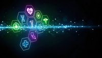 Digital healthcare technology concept with glowing medical icons and network connections on dark background for telemedicine applications.