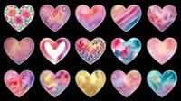 Decorative heart shapes in pink, purple, gold, and multicolor watercolor, floral, and geometric patterns isolated on transparent background. Ready for t-shirt designs, stickers, clipart, sublimation, and print-on-demand projects.