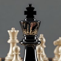 Black chess king piece with reflective surface showing white chess pieces, strategic board game concept for business and competition themes.