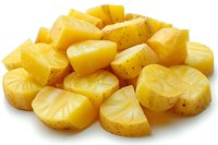Fresh yellow potato chunks seasoned with black pepper and herbs, isolated on white background for food packaging, menu design and culinary projects.