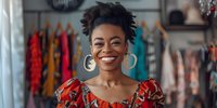 Cheerful African American woman with short natural hair and hoop earrings wearing vibrant red floral dress smiles broadly in boutique setting with clothing racks in background.